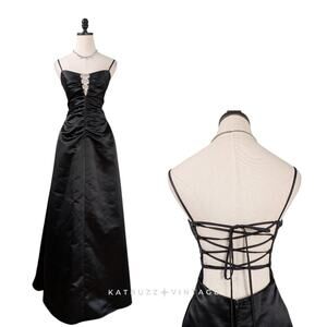 Vintage Prom Dress Maxi Gown 8 Black Y2K Corset Glam Rhinestone Satin Movie Star